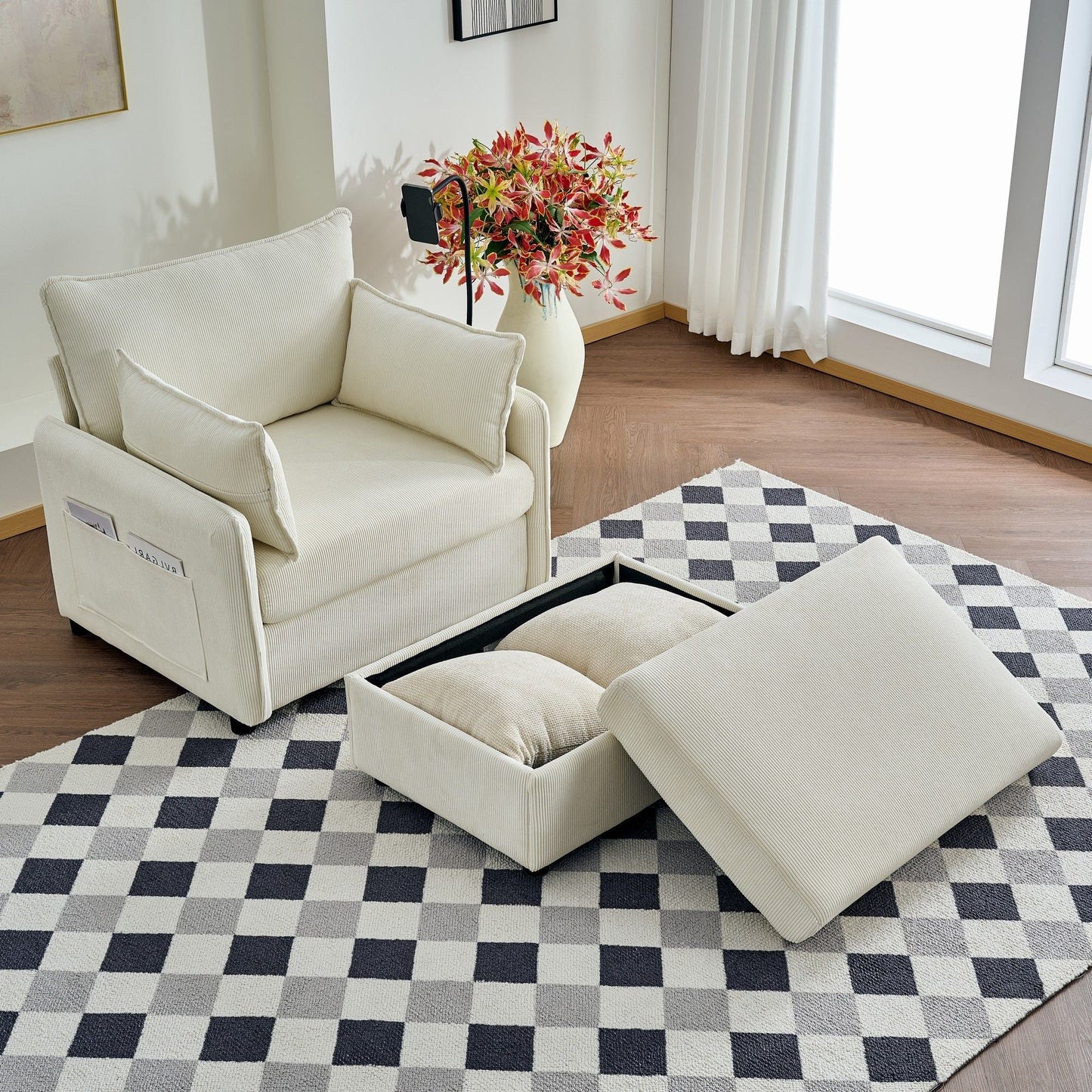Comfy Corduroy Oversized Chaise Lounge Chair With Ottoman And Storage